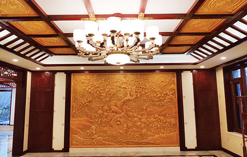 泉港中式别墅客厅中式木作横梁吊顶装饰展示